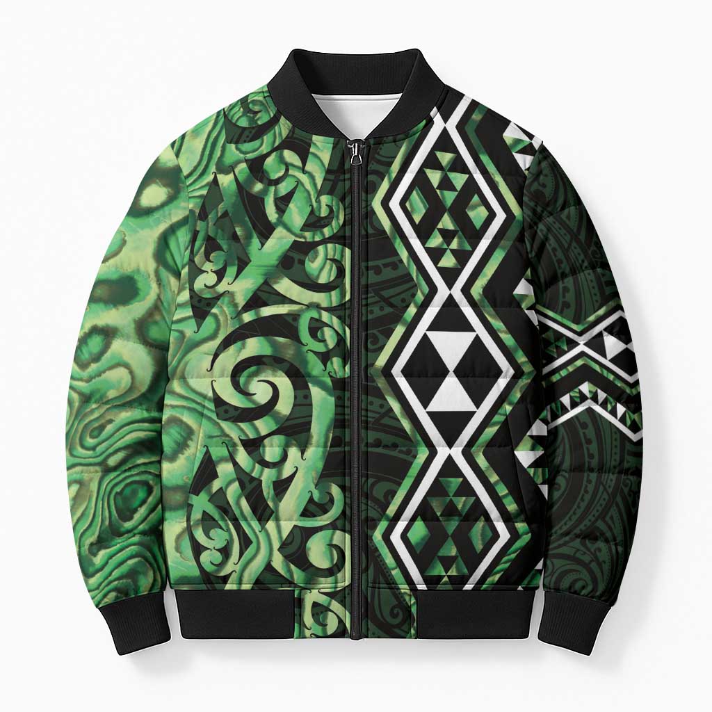 Green Aotearoa Bomber Puffer Jacket Taniko Motifs With Paua Shell Kowhaiwhai - Polynesian Pride