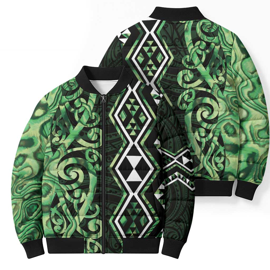 Green Aotearoa Bomber Puffer Jacket Taniko Motifs With Paua Shell Kowhaiwhai - Polynesian Pride