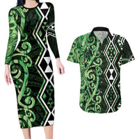 Green Aotearoa Couples Matching Long Sleeve Bodycon Dress and Hawaiian Shirt Taniko Motifs With Paua Shell Kowhaiwhai LT14 Green - Polynesian Pride