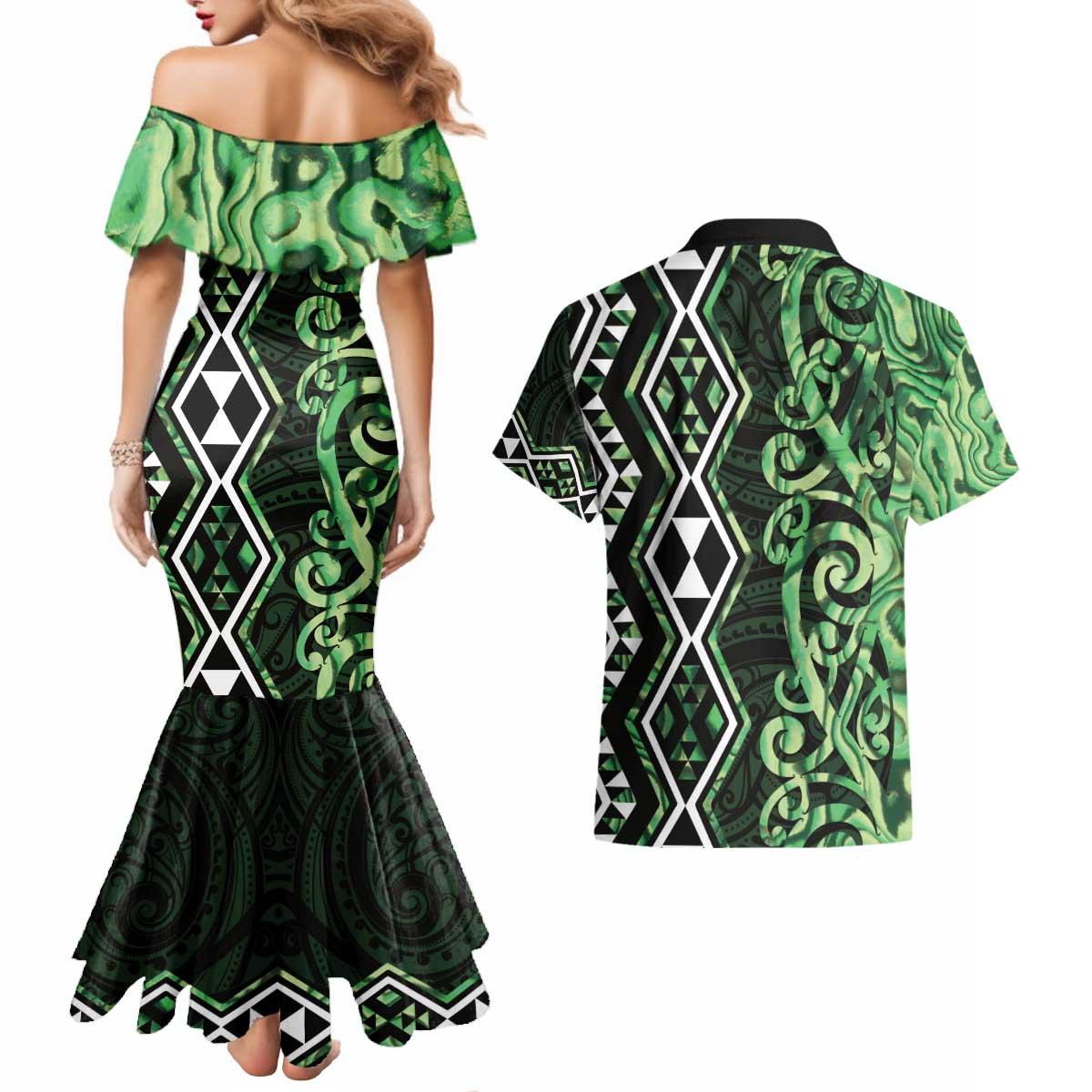 Green Aotearoa Couples Matching Mermaid Dress and Hawaiian Shirt Taniko Motifs With Paua Shell Kowhaiwhai LT14 - Polynesian Pride