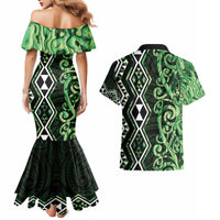 Green Aotearoa Couples Matching Mermaid Dress and Hawaiian Shirt Taniko Motifs With Paua Shell Kowhaiwhai LT14 - Polynesian Pride