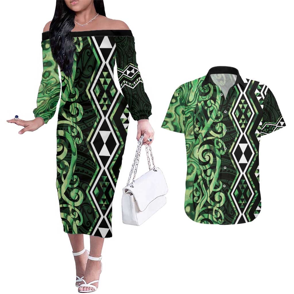 Green Aotearoa Couples Matching Off The Shoulder Long Sleeve Dress and Hawaiian Shirt Taniko Motifs With Paua Shell Kowhaiwhai LT14 Green - Polynesian Pride