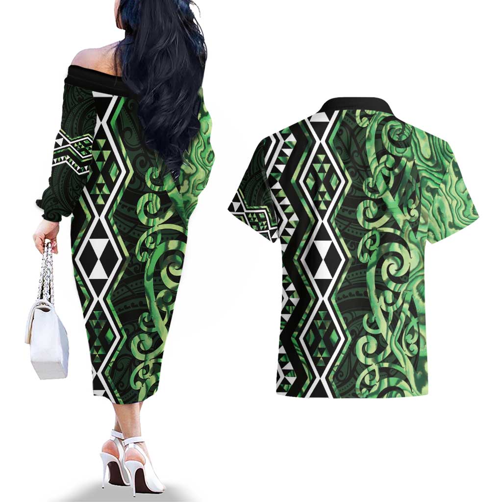 Green Aotearoa Couples Matching Off The Shoulder Long Sleeve Dress and Hawaiian Shirt Taniko Motifs With Paua Shell Kowhaiwhai LT14 - Polynesian Pride