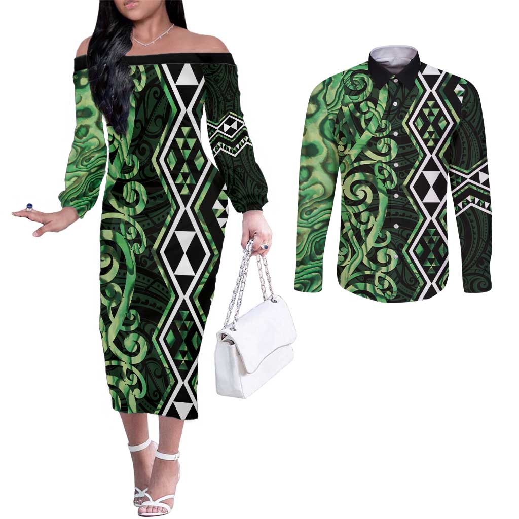 Green Aotearoa Couples Matching Off The Shoulder Long Sleeve Dress and Long Sleeve Button Shirt Taniko Motifs With Paua Shell Kowhaiwhai LT14 Green - Polynesian Pride