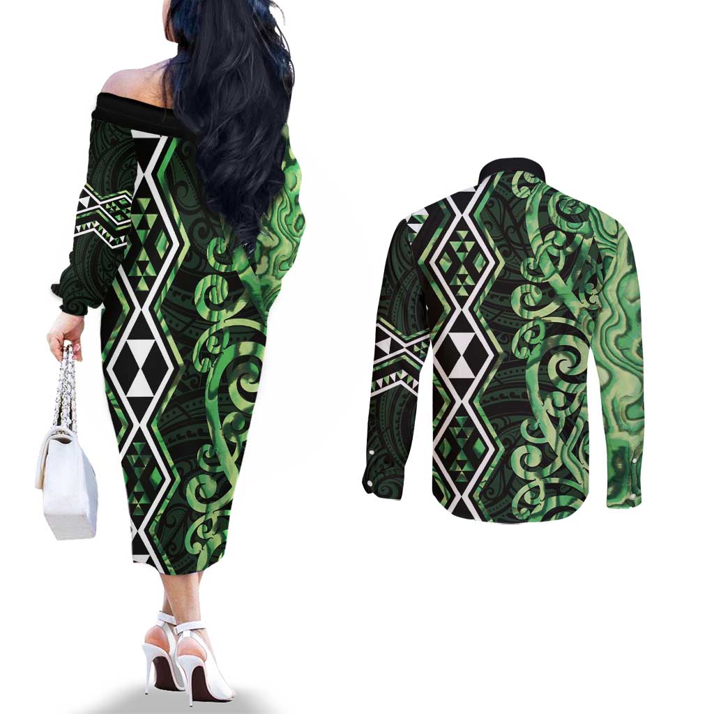 Green Aotearoa Couples Matching Off The Shoulder Long Sleeve Dress and Long Sleeve Button Shirt Taniko Motifs With Paua Shell Kowhaiwhai LT14 - Polynesian Pride