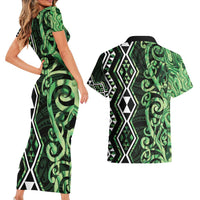 Green Aotearoa Couples Matching Short Sleeve Bodycon Dress and Hawaiian Shirt Taniko Motifs With Paua Shell Kowhaiwhai LT14 - Polynesian Pride