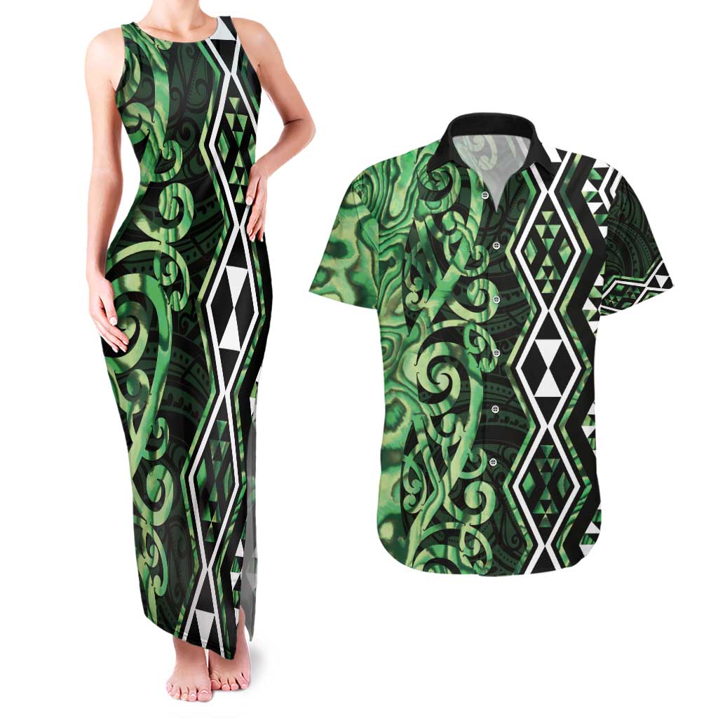 Green Aotearoa Couples Matching Tank Maxi Dress and Hawaiian Shirt Taniko Motifs With Paua Shell Kowhaiwhai LT14 Green - Polynesian Pride