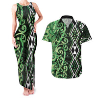 Green Aotearoa Couples Matching Tank Maxi Dress and Hawaiian Shirt Taniko Motifs With Paua Shell Kowhaiwhai LT14 Green - Polynesian Pride