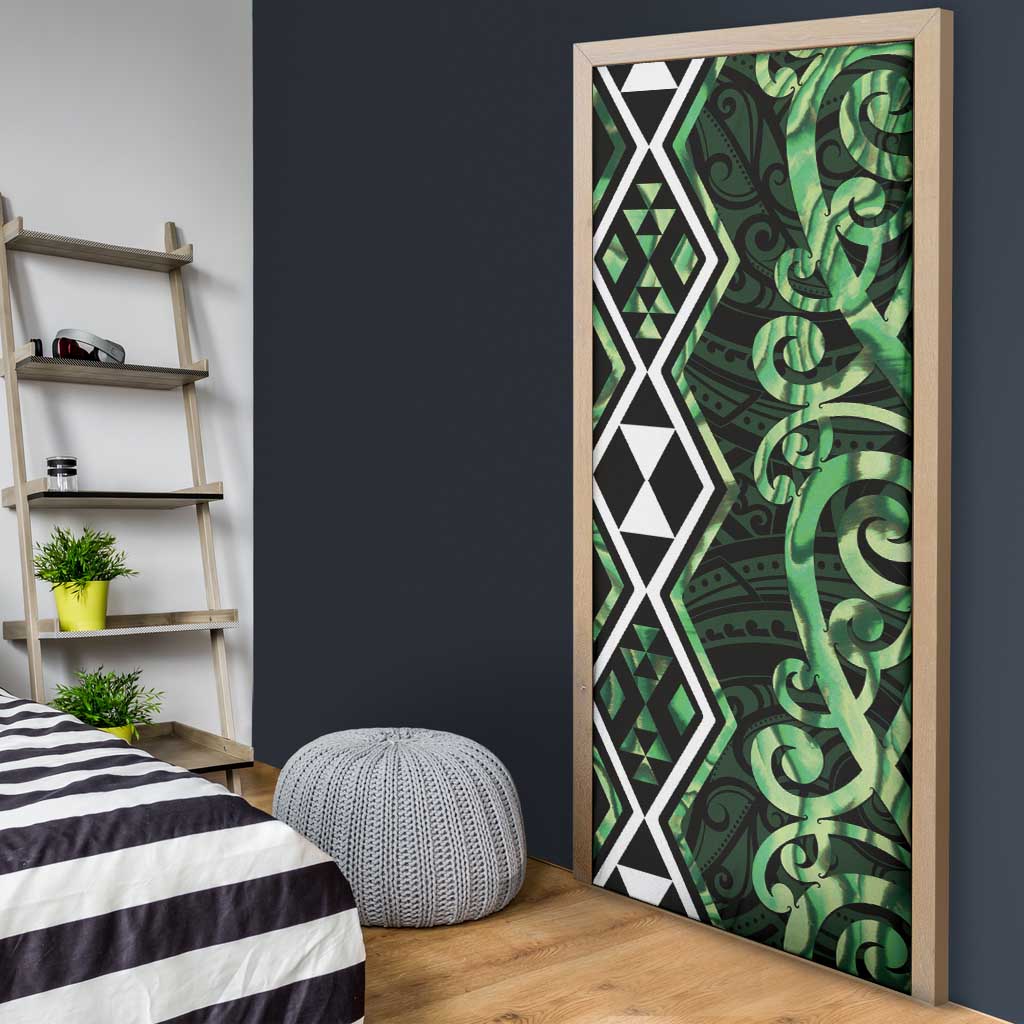 Green Aotearoa Door Cover Taniko Motifs With Paua Shell Kowhaiwhai - Polynesian Pride