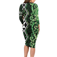 Green Aotearoa Family Matching Long Sleeve Bodycon Dress and Hawaiian Shirt Taniko Motifs With Paua Shell Kowhaiwhai LT14 - Polynesian Pride