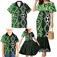 Green Aotearoa Family Matching Mermaid Dress and Hawaiian Shirt Taniko Motifs With Paua Shell Kowhaiwhai LT14 - Polynesian Pride