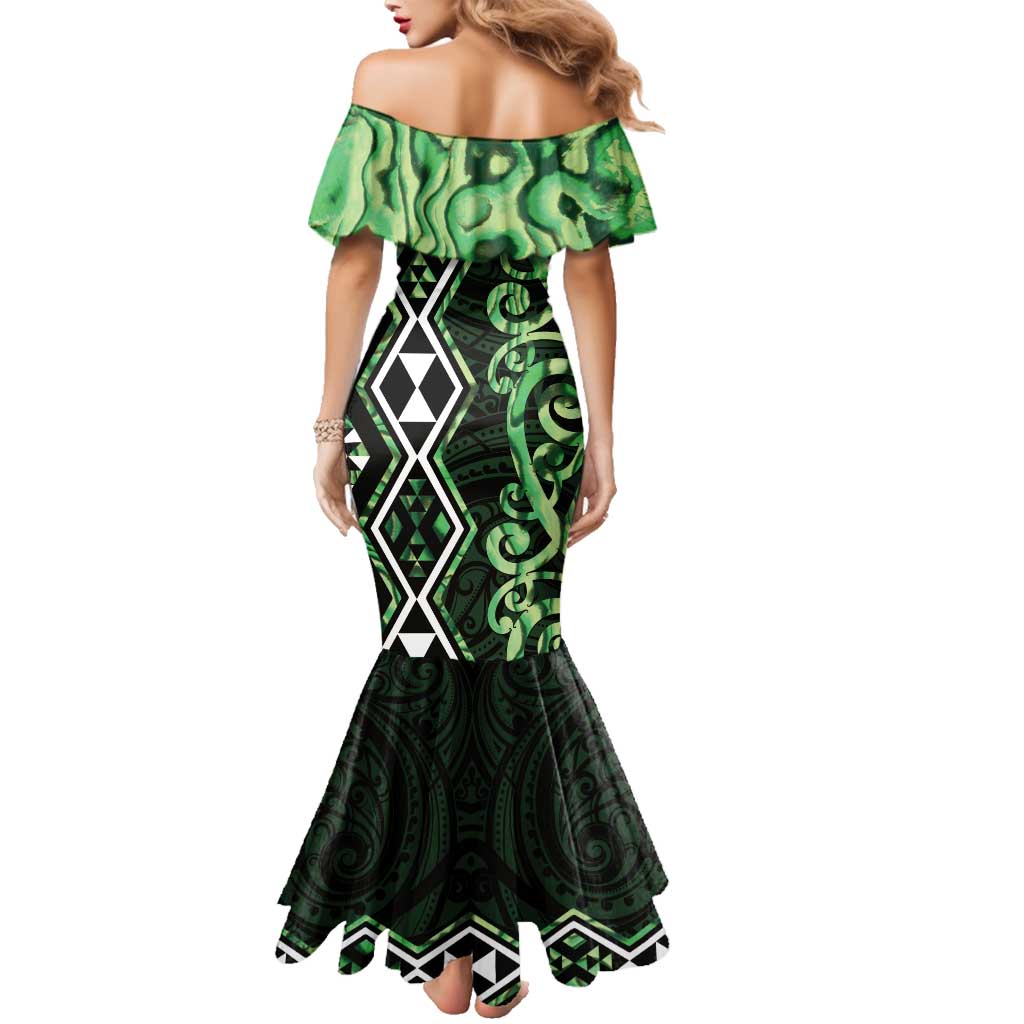 Green Aotearoa Family Matching Mermaid Dress and Hawaiian Shirt Taniko Motifs With Paua Shell Kowhaiwhai LT14 - Polynesian Pride