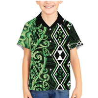 Green Aotearoa Family Matching Mermaid Dress and Hawaiian Shirt Taniko Motifs With Paua Shell Kowhaiwhai LT14 Son's Shirt Green - Polynesian Pride