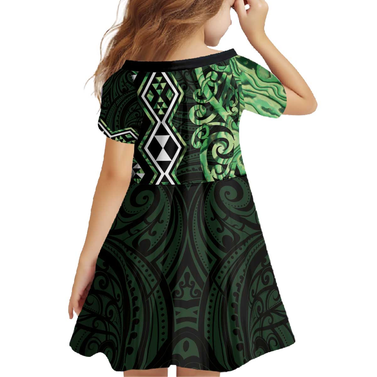 Green Aotearoa Family Matching Off The Shoulder Long Sleeve Dress and Hawaiian Shirt Taniko Motifs With Paua Shell Kowhaiwhai LT14 - Polynesian Pride