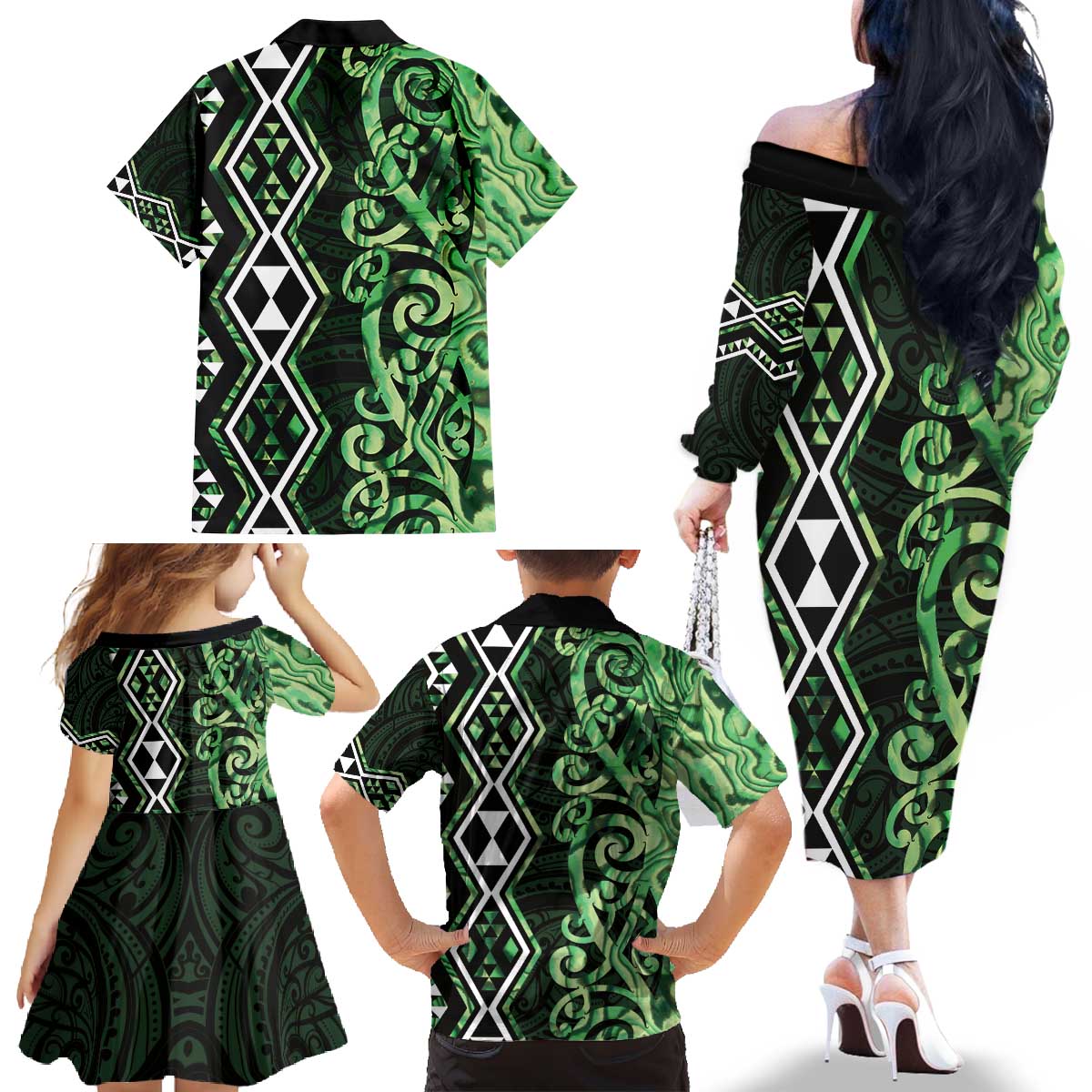 Green Aotearoa Family Matching Off The Shoulder Long Sleeve Dress and Hawaiian Shirt Taniko Motifs With Paua Shell Kowhaiwhai LT14 - Polynesian Pride