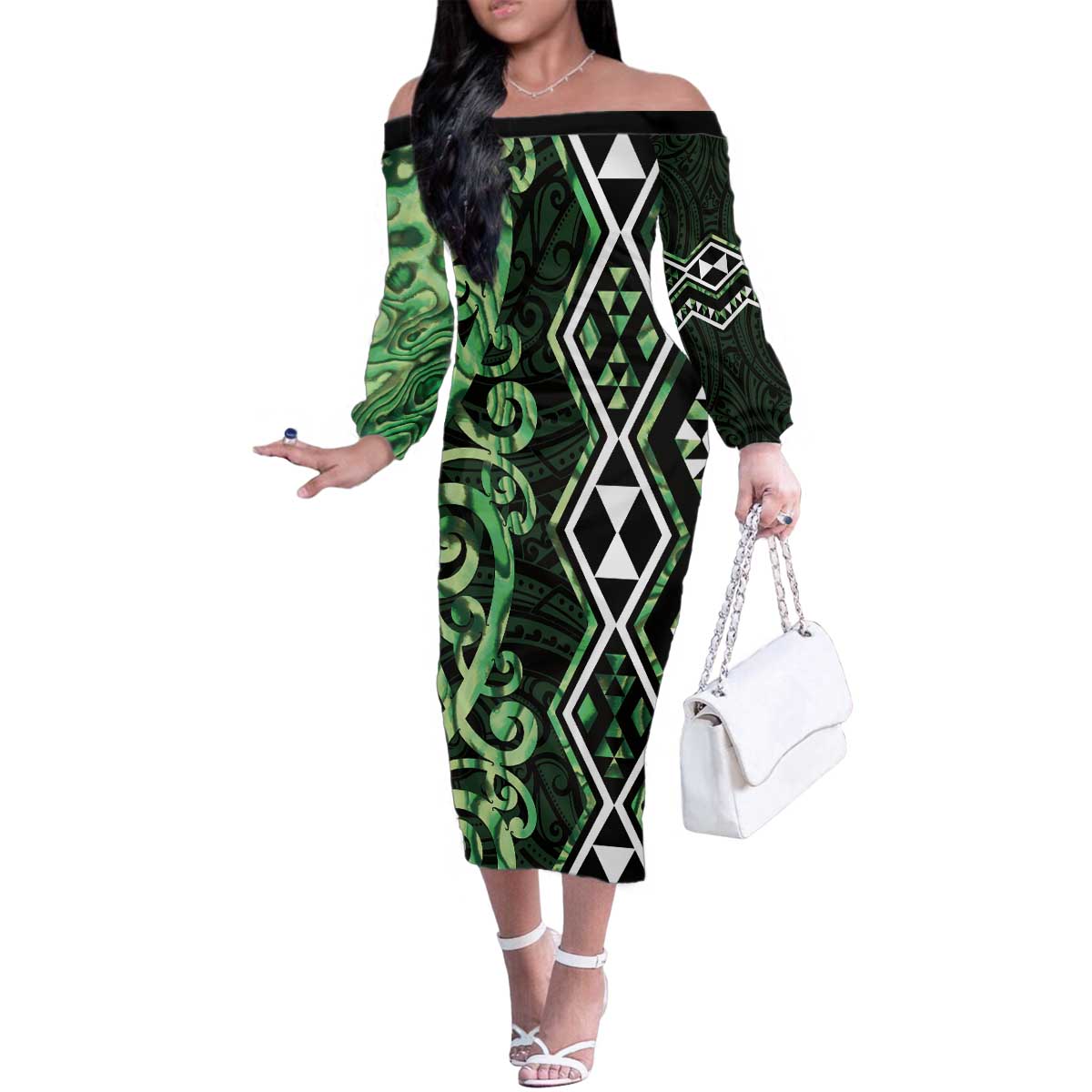 Green Aotearoa Family Matching Off The Shoulder Long Sleeve Dress and Hawaiian Shirt Taniko Motifs With Paua Shell Kowhaiwhai LT14 Mom's Dress Green - Polynesian Pride