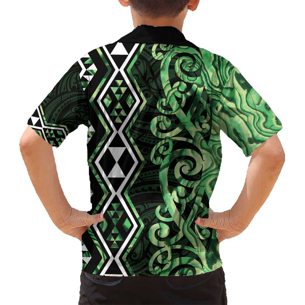 Green Aotearoa Family Matching Off Shoulder Maxi Dress and Hawaiian Shirt Taniko Motifs With Paua Shell Kowhaiwhai LT14 - Polynesian Pride
