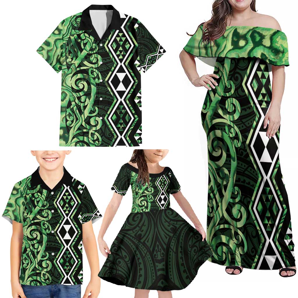 Green Aotearoa Family Matching Off Shoulder Maxi Dress and Hawaiian Shirt Taniko Motifs With Paua Shell Kowhaiwhai LT14 - Polynesian Pride