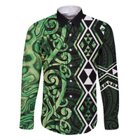 Green Aotearoa Family Matching Off Shoulder Maxi Dress and Hawaiian Shirt Taniko Motifs With Paua Shell Kowhaiwhai LT14 Dad's Shirt - Long Sleeve Green - Polynesian Pride