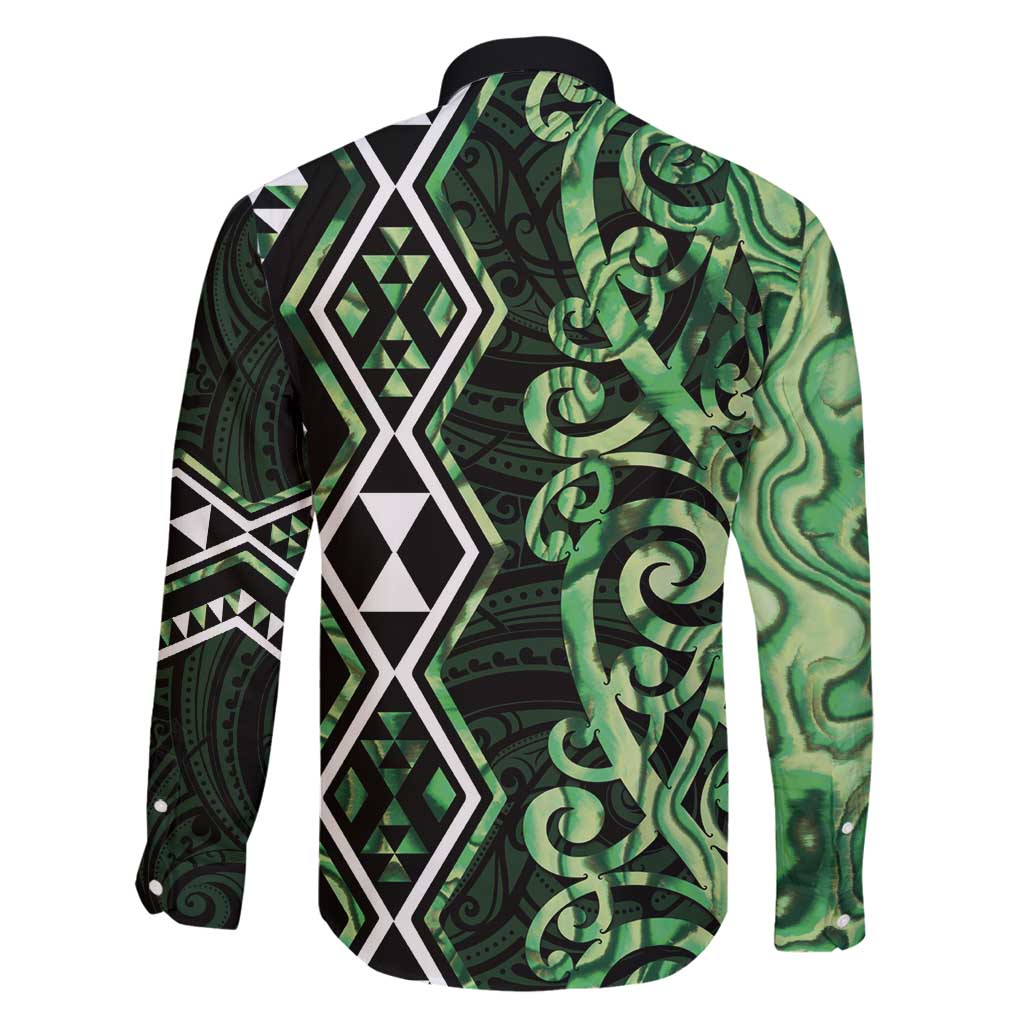 Green Aotearoa Family Matching Off Shoulder Maxi Dress and Hawaiian Shirt Taniko Motifs With Paua Shell Kowhaiwhai LT14 - Polynesian Pride