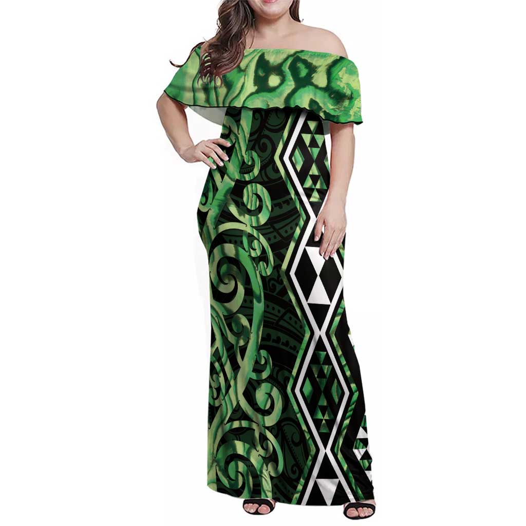 Green Aotearoa Family Matching Off Shoulder Maxi Dress and Hawaiian Shirt Taniko Motifs With Paua Shell Kowhaiwhai LT14 Mom's Dress Green - Polynesian Pride