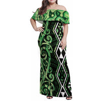 Green Aotearoa Family Matching Off Shoulder Maxi Dress and Hawaiian Shirt Taniko Motifs With Paua Shell Kowhaiwhai LT14 Mom's Dress Green - Polynesian Pride