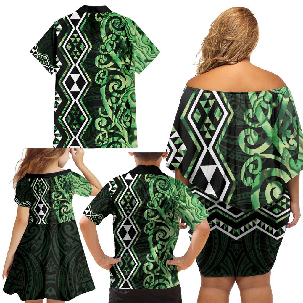 Green Aotearoa Family Matching Off Shoulder Short Dress and Hawaiian Shirt Taniko Motifs With Paua Shell Kowhaiwhai LT14 - Polynesian Pride