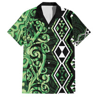 Green Aotearoa Family Matching Off Shoulder Short Dress and Hawaiian Shirt Taniko Motifs With Paua Shell Kowhaiwhai LT14 Dad's Shirt - Short Sleeve Green - Polynesian Pride