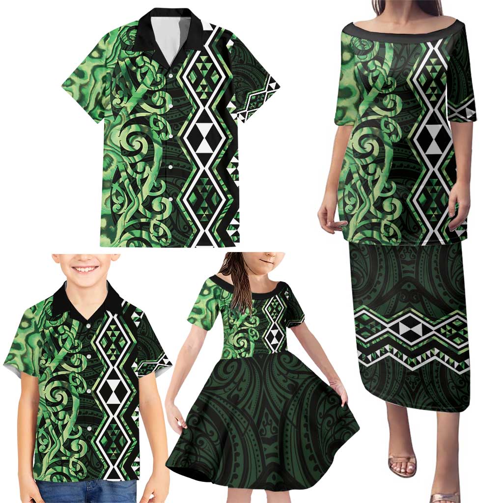 Green Aotearoa Family Matching Puletasi and Hawaiian Shirt Taniko Motifs With Paua Shell Kowhaiwhai LT14 - Polynesian Pride