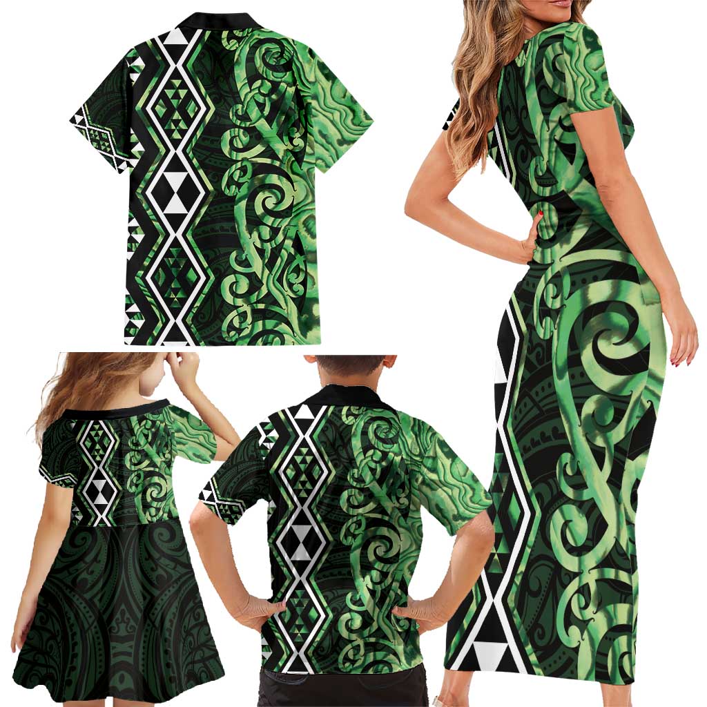 Green Aotearoa Family Matching Short Sleeve Bodycon Dress and Hawaiian Shirt Taniko Motifs With Paua Shell Kowhaiwhai LT14 - Polynesian Pride