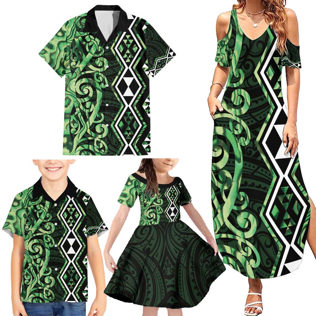 Green Aotearoa Family Matching Summer Maxi Dress and Hawaiian Shirt Taniko Motifs With Paua Shell Kowhaiwhai LT14 - Polynesian Pride