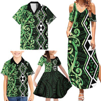 Green Aotearoa Family Matching Summer Maxi Dress and Hawaiian Shirt Taniko Motifs With Paua Shell Kowhaiwhai LT14 - Polynesian Pride
