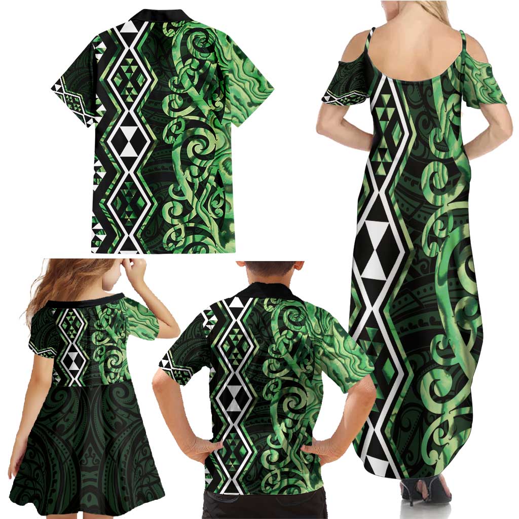 Green Aotearoa Family Matching Summer Maxi Dress and Hawaiian Shirt Taniko Motifs With Paua Shell Kowhaiwhai LT14 - Polynesian Pride