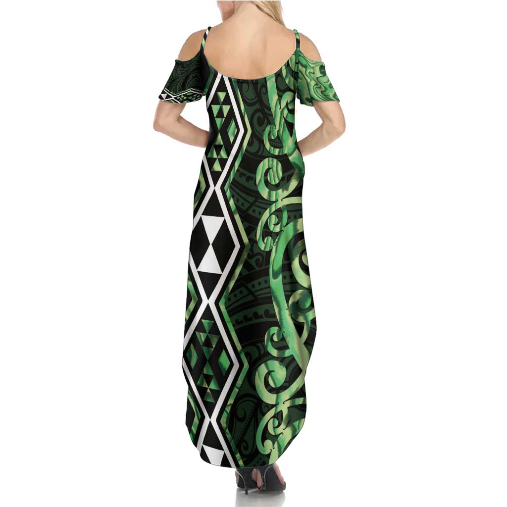 Green Aotearoa Family Matching Summer Maxi Dress and Hawaiian Shirt Taniko Motifs With Paua Shell Kowhaiwhai LT14 - Polynesian Pride