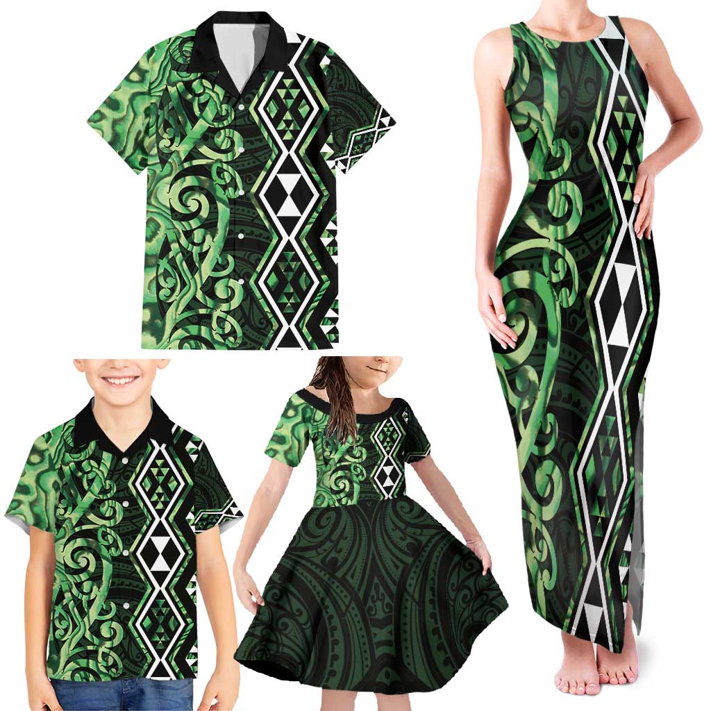 Green Aotearoa Family Matching Tank Maxi Dress and Hawaiian Shirt Taniko Motifs With Paua Shell Kowhaiwhai LT14 - Polynesian Pride