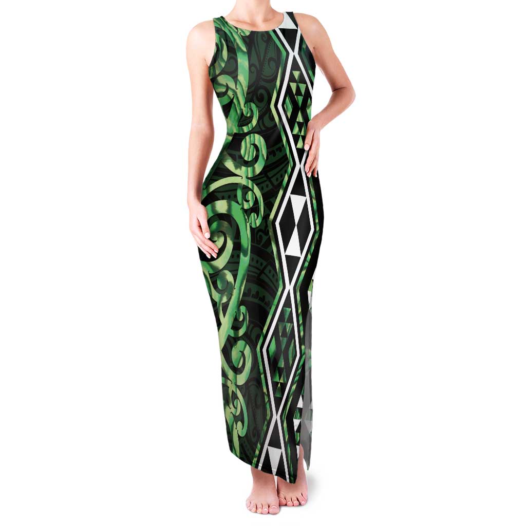 Green Aotearoa Family Matching Tank Maxi Dress and Hawaiian Shirt Taniko Motifs With Paua Shell Kowhaiwhai LT14 Mom's Dress Green - Polynesian Pride