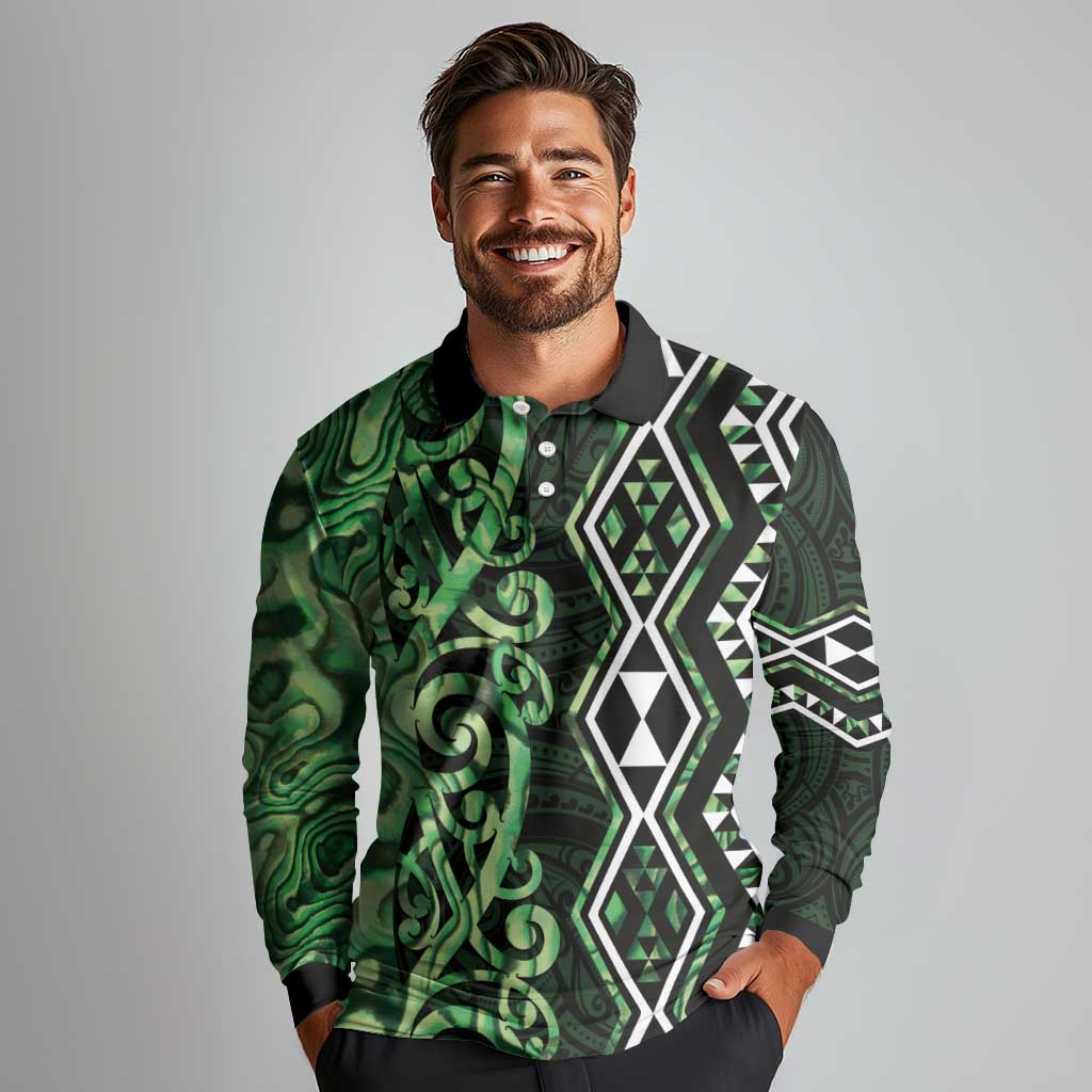 Green Aotearoa Long Sleeve Polo Shirt Taniko Motifs With Paua Shell Kowhaiwhai