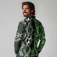 Green Aotearoa Long Sleeve Polo Shirt Taniko Motifs With Paua Shell Kowhaiwhai