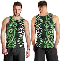 Green Aotearoa Men Tank Top Taniko Motifs With Paua Shell Kowhaiwhai