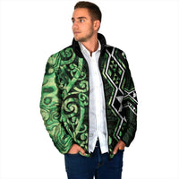 Green Aotearoa Padded Jacket Taniko Motifs With Paua Shell Kowhaiwhai - Polynesian Pride