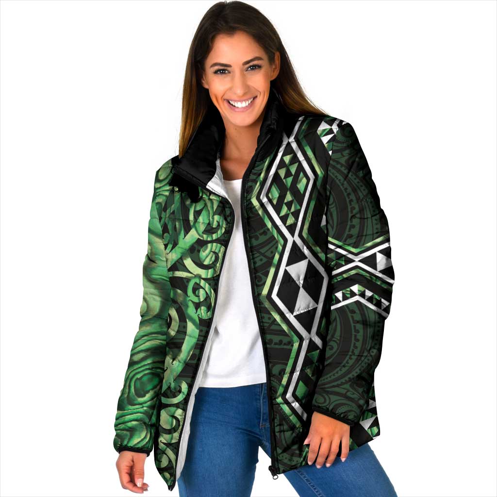 Green Aotearoa Padded Jacket Taniko Motifs With Paua Shell Kowhaiwhai - Polynesian Pride