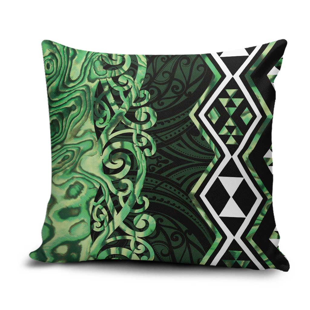 Green Aotearoa Pillow Cover Taniko Motifs With Paua Shell Kowhaiwhai - Polynesian Pride