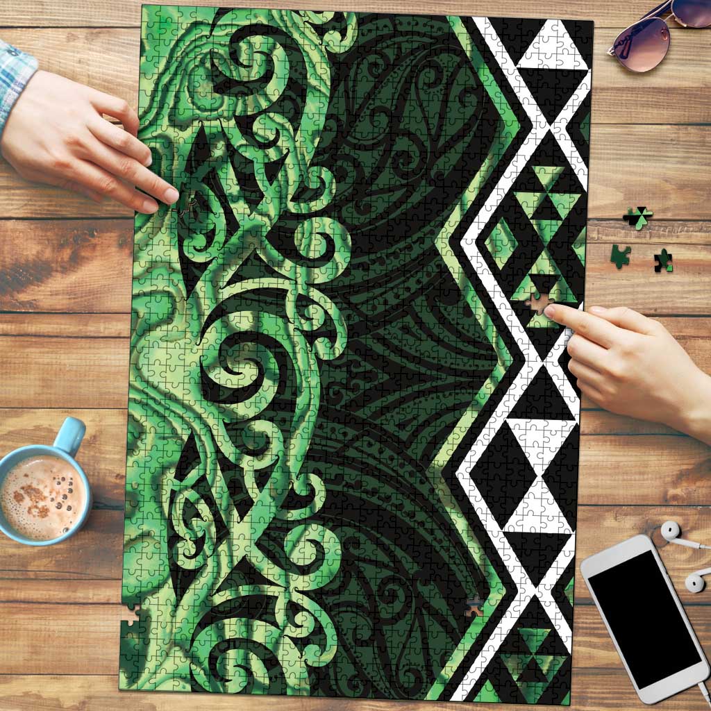 Green Aotearoa Puzzle Taniko Motifs With Paua Shell Kowhaiwhai - Polynesian Pride