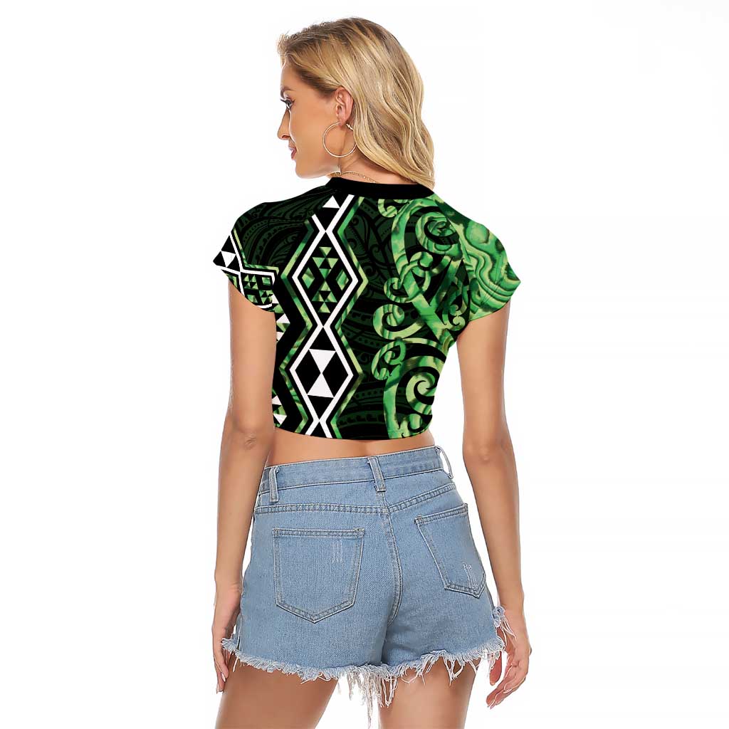 Green Aotearoa Raglan Cropped T Shirt Taniko Motifs With Paua Shell Kowhaiwhai