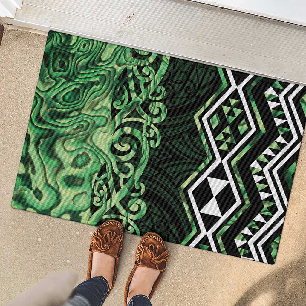 Green Aotearoa Rubber Doormat Taniko Motifs With Paua Shell Kowhaiwhai