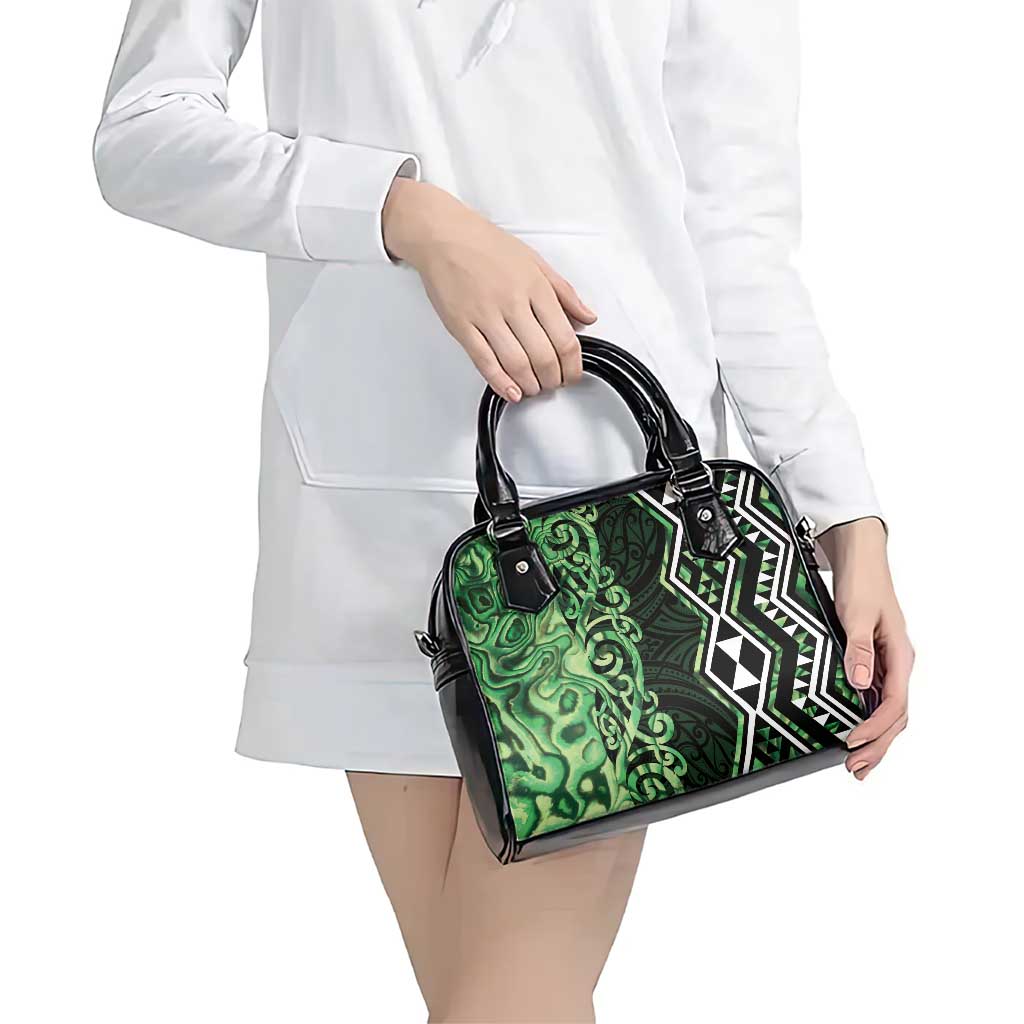 Green Aotearoa Shoulder Handbag Taniko Motifs With Paua Shell Kowhaiwhai
