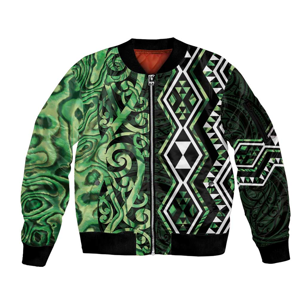 Green Aotearoa Sleeve Zip Bomber Jacket Taniko Motifs With Paua Shell Kowhaiwhai