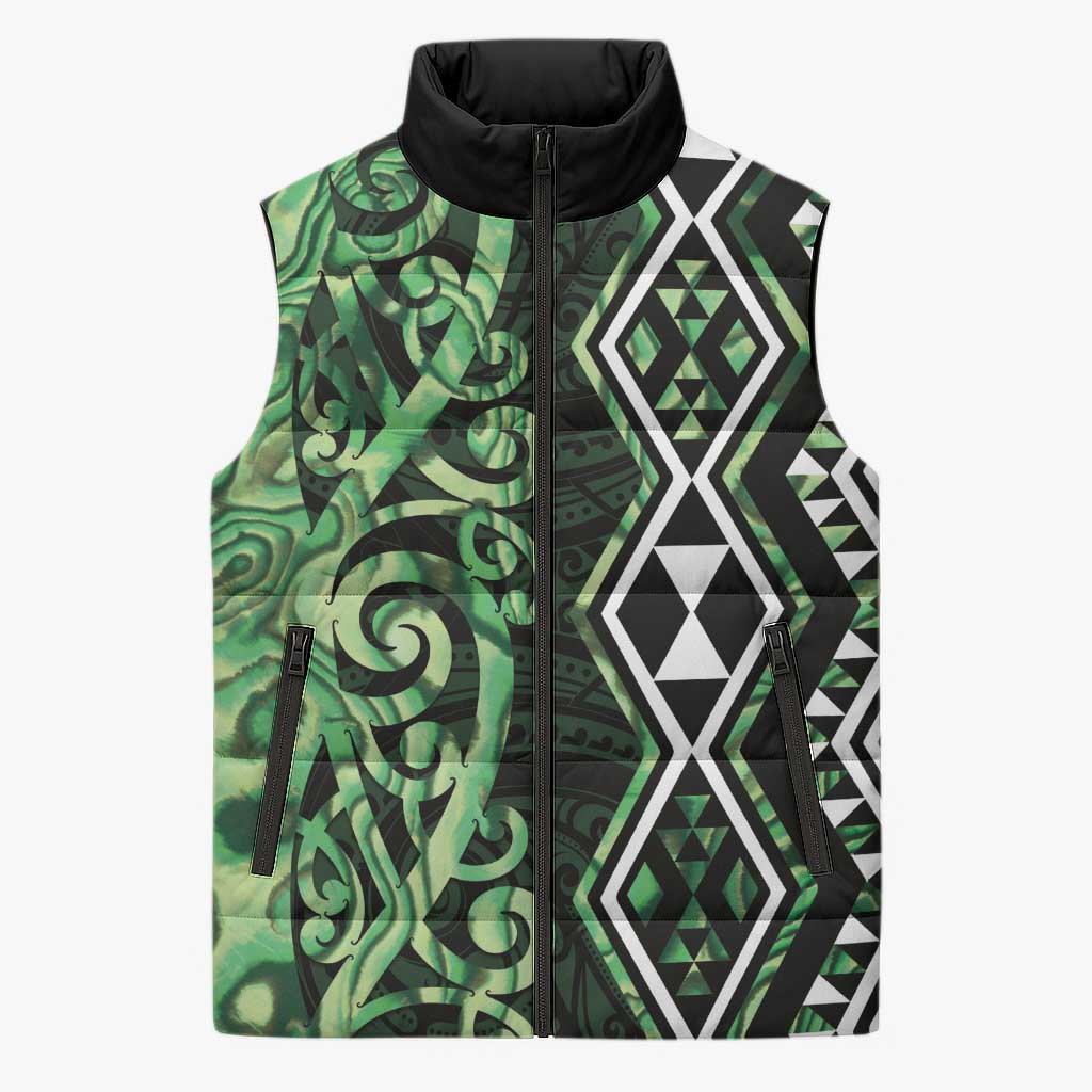 Green Aotearoa Sleeveless Puffer Jacket Taniko Motifs With Paua Shell Kowhaiwhai - Polynesian Pride