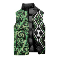 Green Aotearoa Sleeveless Puffer Jacket Taniko Motifs With Paua Shell Kowhaiwhai - Polynesian Pride
