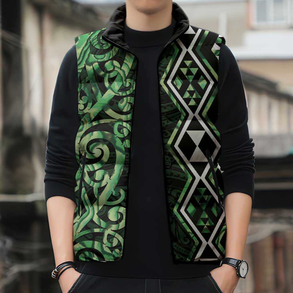 Green Aotearoa Sleeveless Puffer Jacket Taniko Motifs With Paua Shell Kowhaiwhai - Polynesian Pride